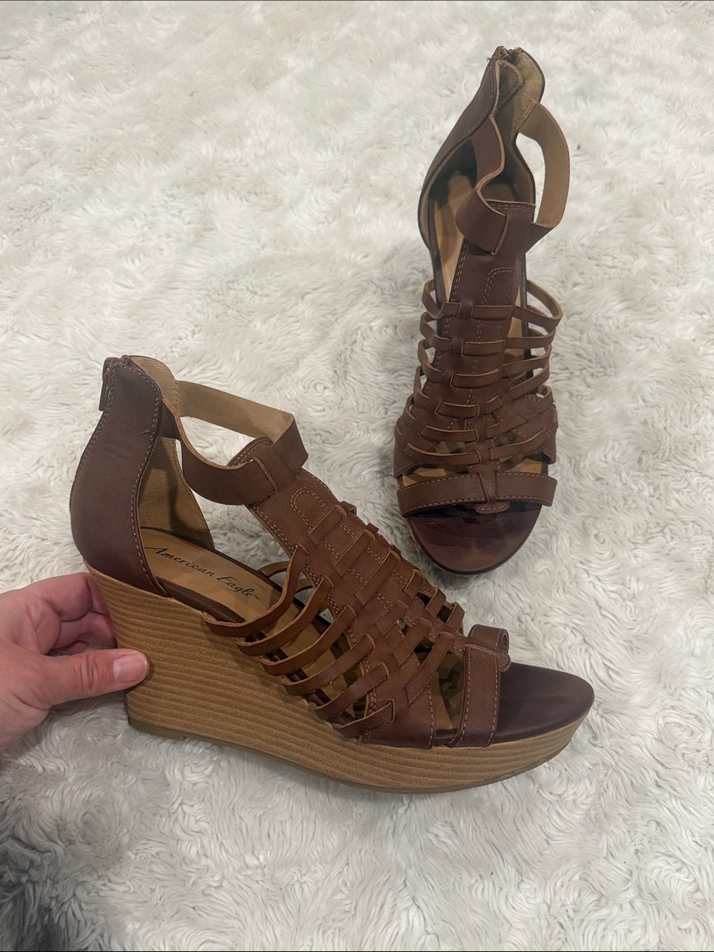 American‎ Eagle Outfitters Brown Woven Leather Wedge Sandals Woman’s Size 9.5